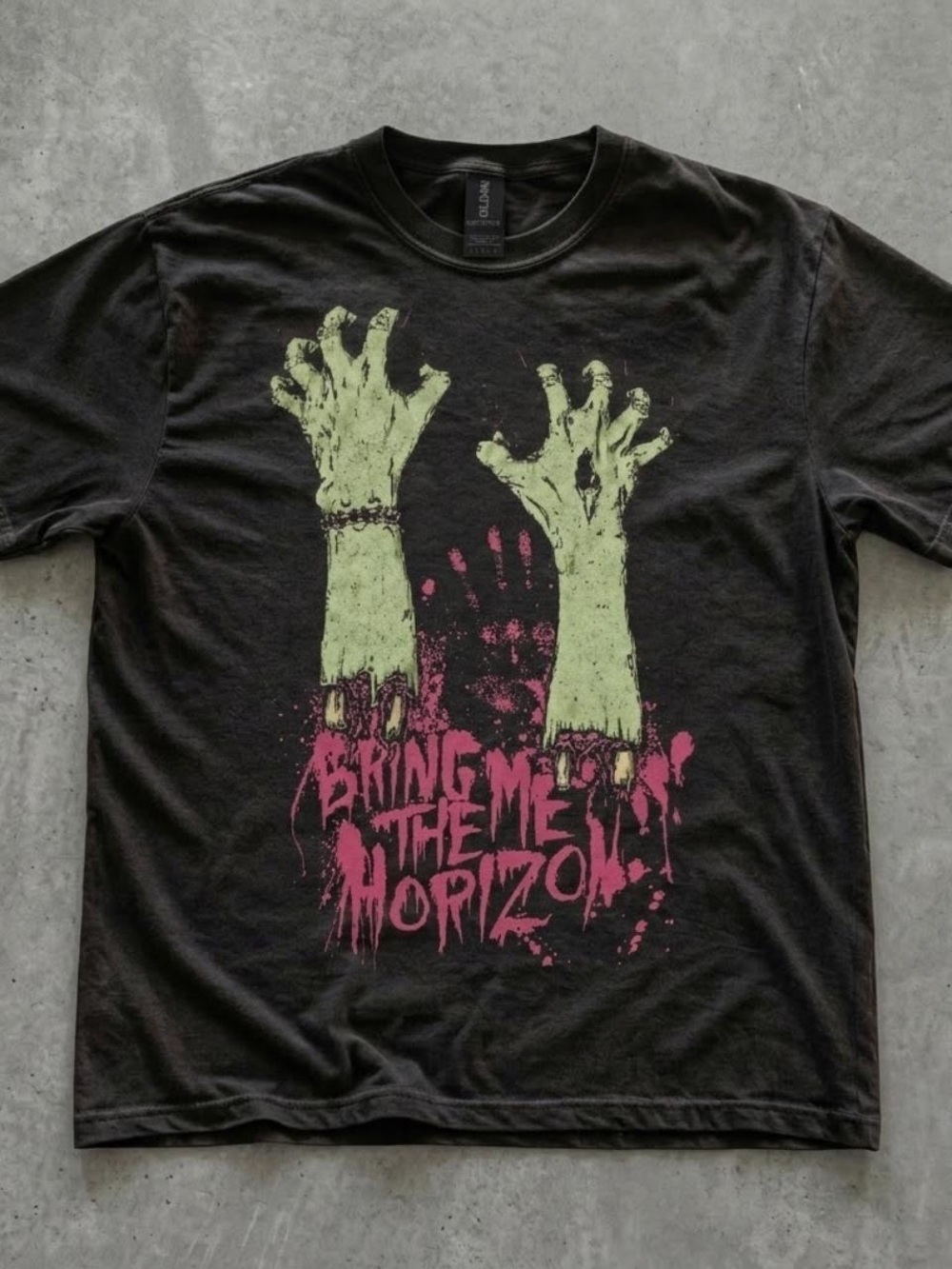 Gildan Black Short-Sleeve Tee with Neon Green Zombie Hands and Pink Band Script